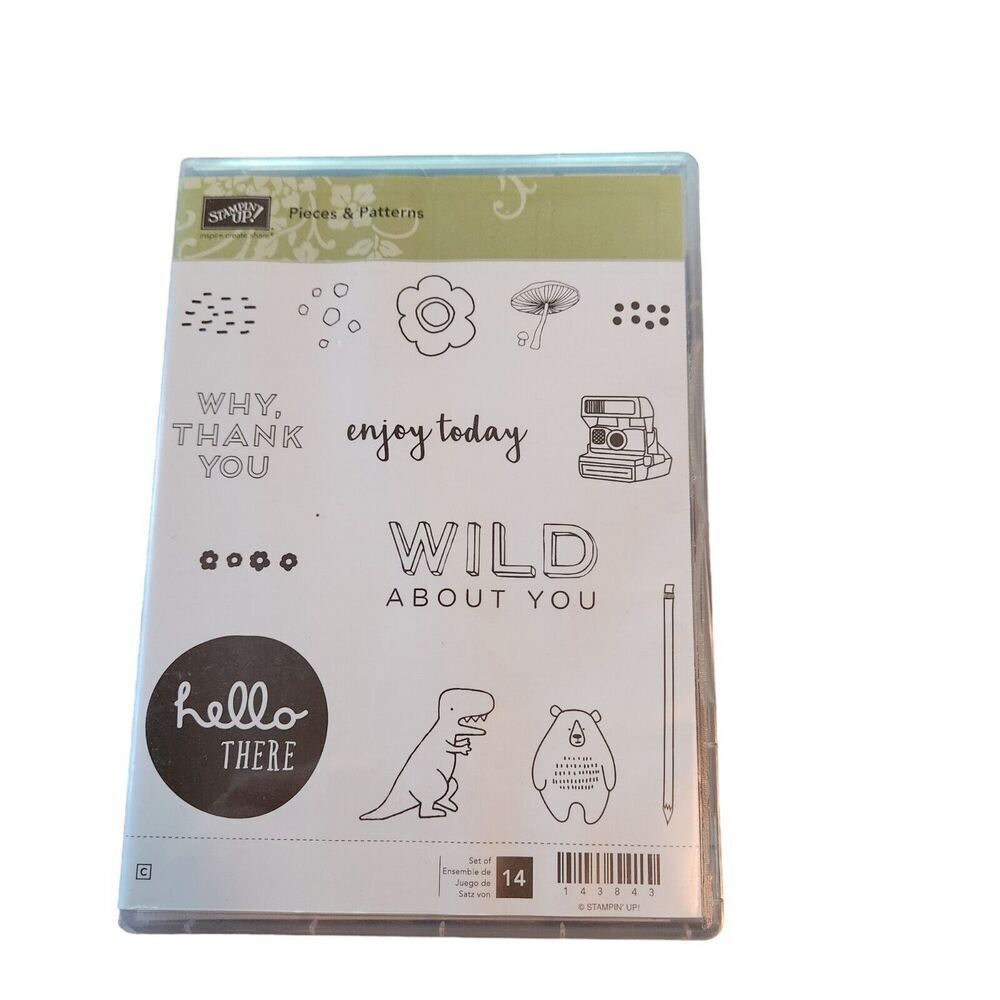 Stampin' Up! PIECES & PATTERNS Stamp Set of 14 143843 Dinosaur Mushroom Bear